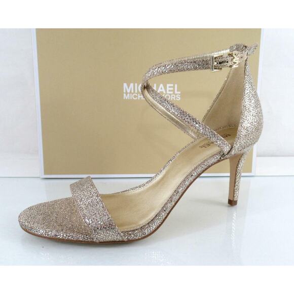 Michael Kors Ava Mid Heel Ankle Strap Sandal Glitter Mesh Sand Gold Size 7.5 - Picture 1 of 8